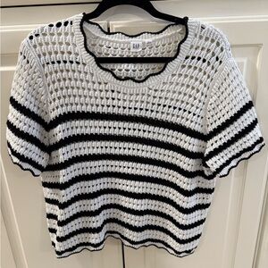 GAP Women's Black and White Striped Crochet Tee